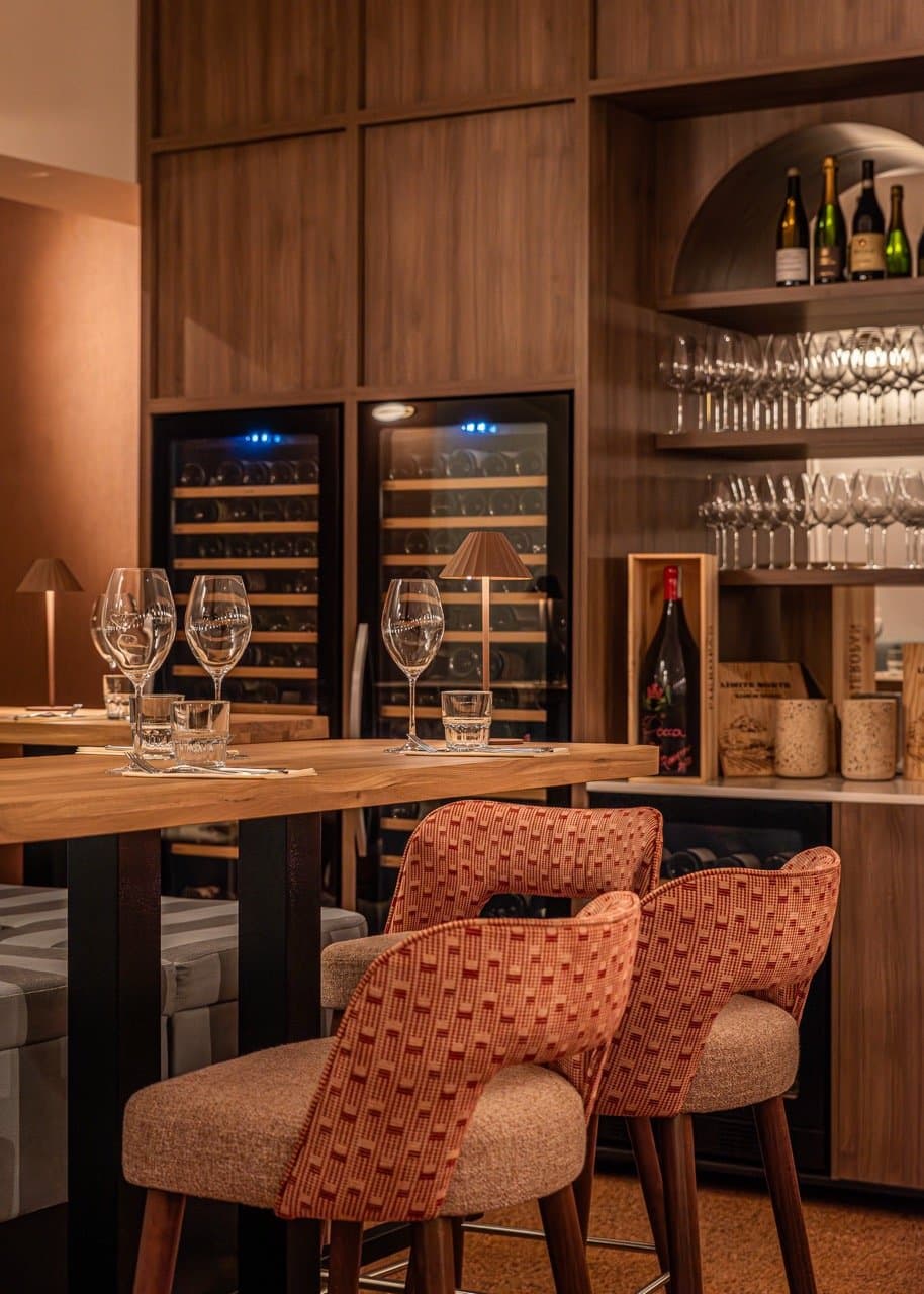 Cozy restaurant wine rack setting